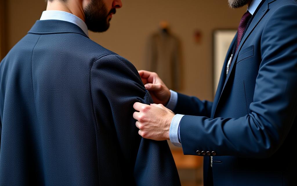 A tailor measuring a finely crafted bespoke suit jacket for Ironthread Attire